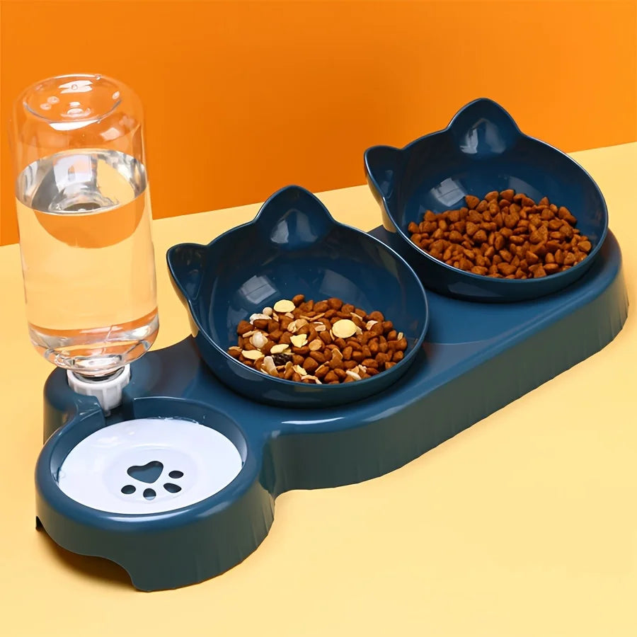 3-in-1 Tilted Pet Bowl Set – Gravity Water Feeder & Food Bowl