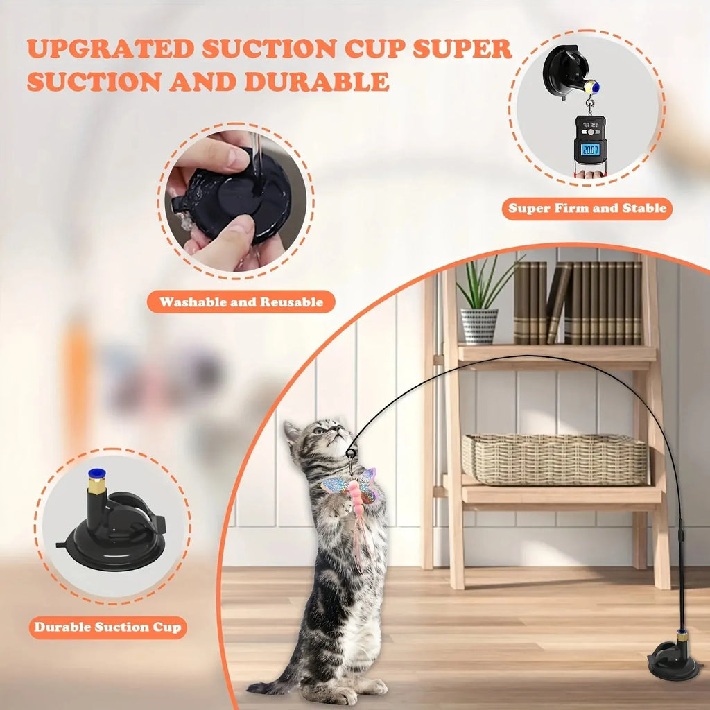 Interactive Cat Teaser Wand – Bell & Feather Toy with Suction Cup Pole