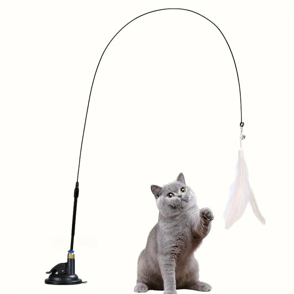 Interactive Cat Teaser Wand – Bell & Feather Toy with Suction Cup Pole