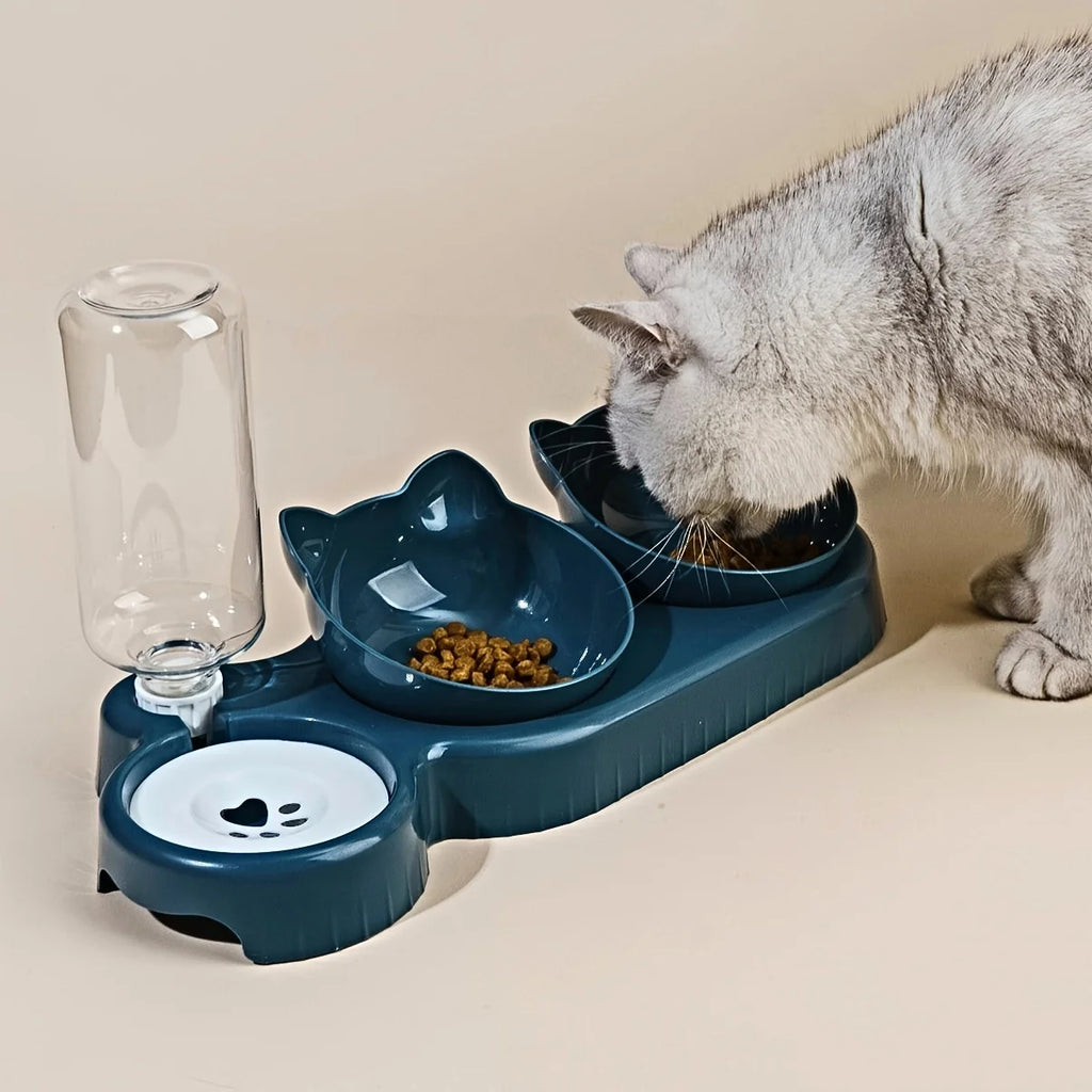 3-in-1 Tilted Pet Bowl Set – Gravity Water Feeder & Food Bowl