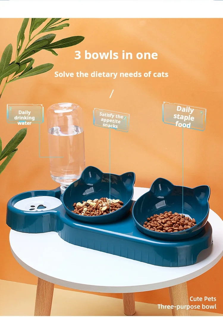3-in-1 Tilted Pet Bowl Set – Gravity Water Feeder & Food Bowl