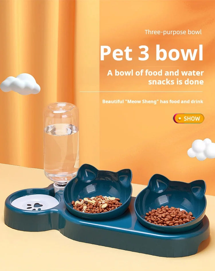 3-in-1 Tilted Pet Bowl Set – Gravity Water Feeder & Food Bowl